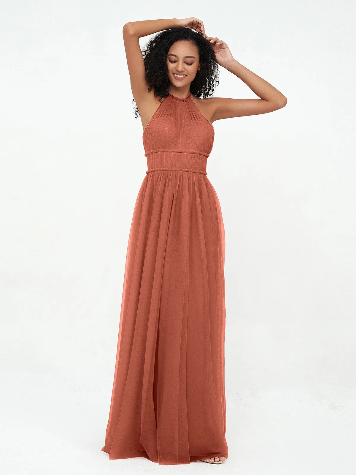 Illusion Halter Tulle Maxi Boho Dresses-Rust Plus Size