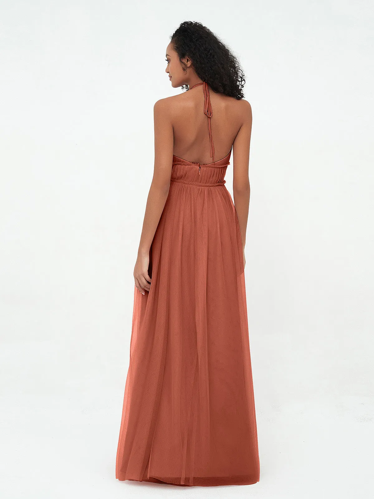 Illusion Halter Tulle Maxi Boho Dresses-Rust Plus Size