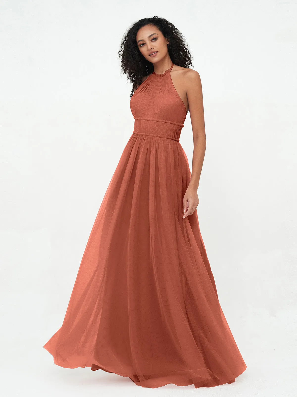 Illusion Halter Tulle Maxi Boho Dresses-Rust Plus Size