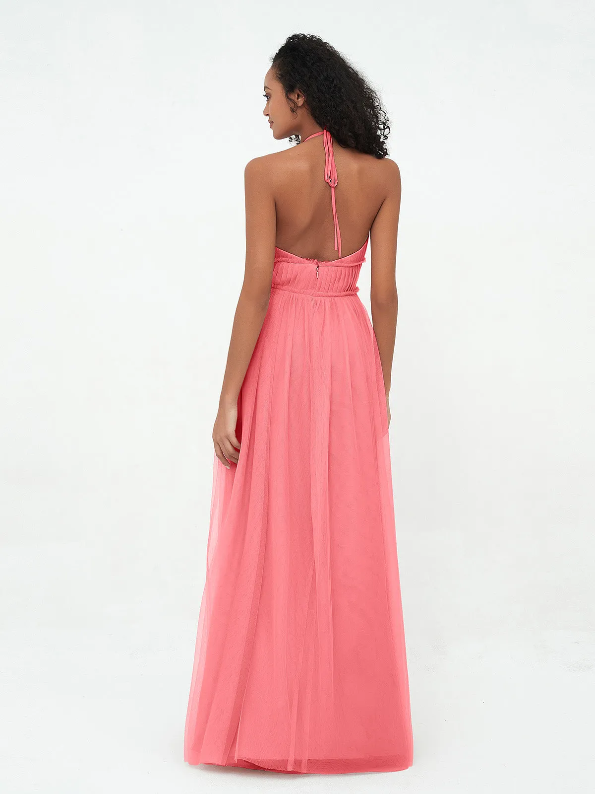 Illusion Halter Tulle Maxi Boho Dresses-Watermelon Plus Size