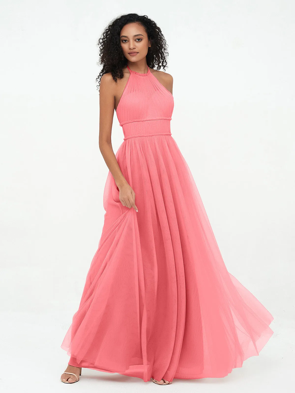 Illusion Halter Tulle Maxi Boho Dresses-Watermelon Plus Size