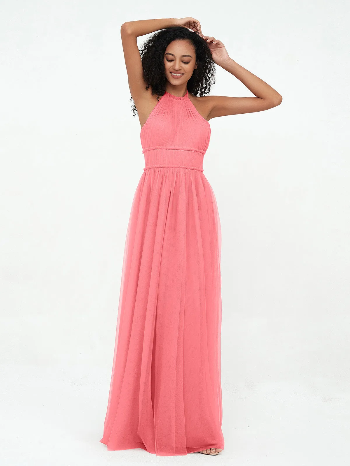 Illusion Halter Tulle Maxi Boho Dresses-Watermelon Plus Size