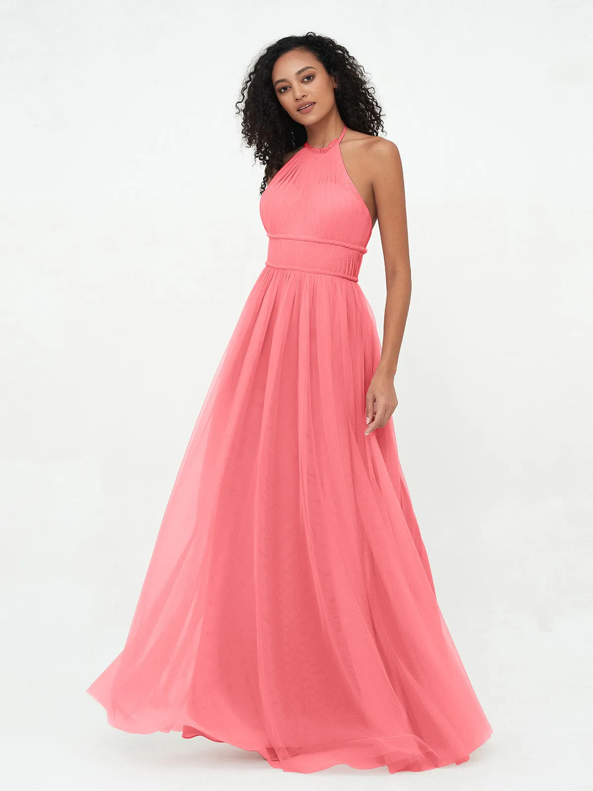 Illusion Halter Tulle Maxi Boho Dresses-Watermelon Plus Size