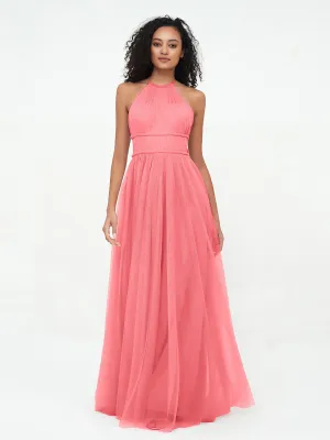 Illusion Halter Tulle Maxi Boho Dresses-Watermelon Plus Size