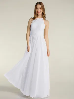 Illusion Neck Corss Waist Tulle Dresses-White