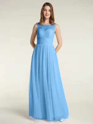 Illusion Neck Cross Tulle Bridesmaid Dresses-Blue