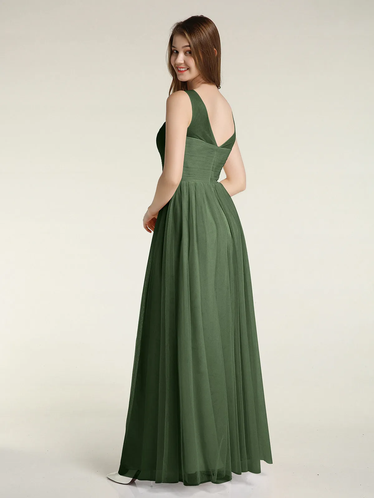 Illusion Neck Cross Tulle Bridesmaid Dresses-Olive Green Plus Size