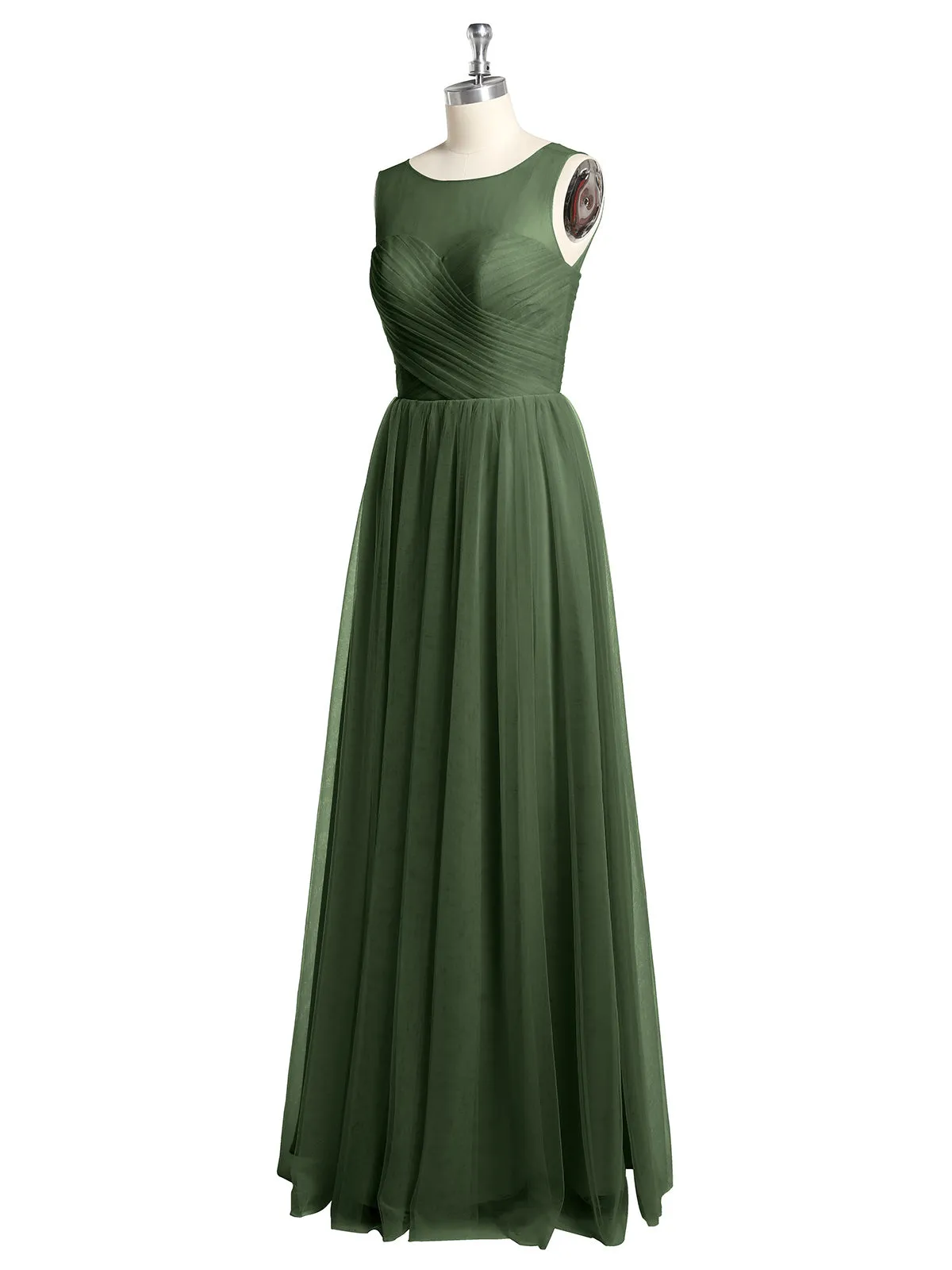 Illusion Neck Cross Tulle Bridesmaid Dresses-Olive Green Plus Size