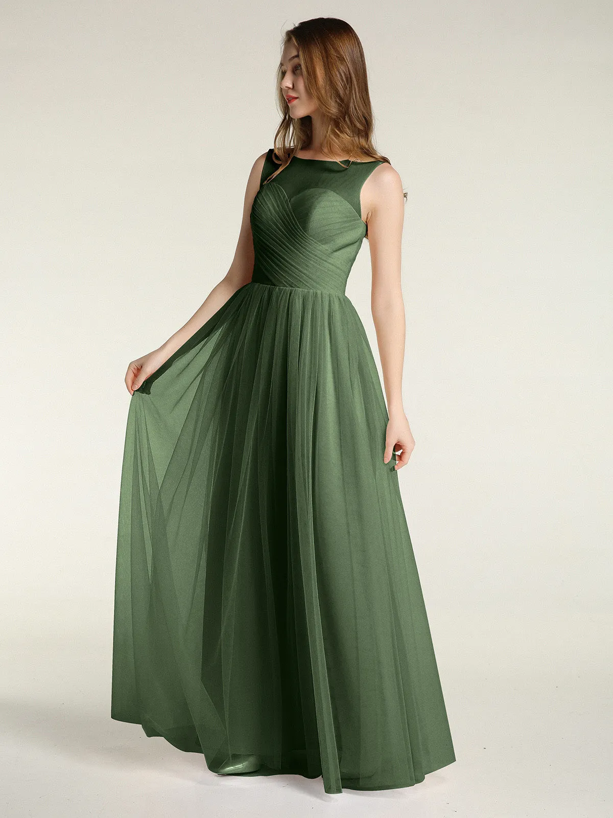 Illusion Neck Cross Tulle Bridesmaid Dresses-Olive Green Plus Size