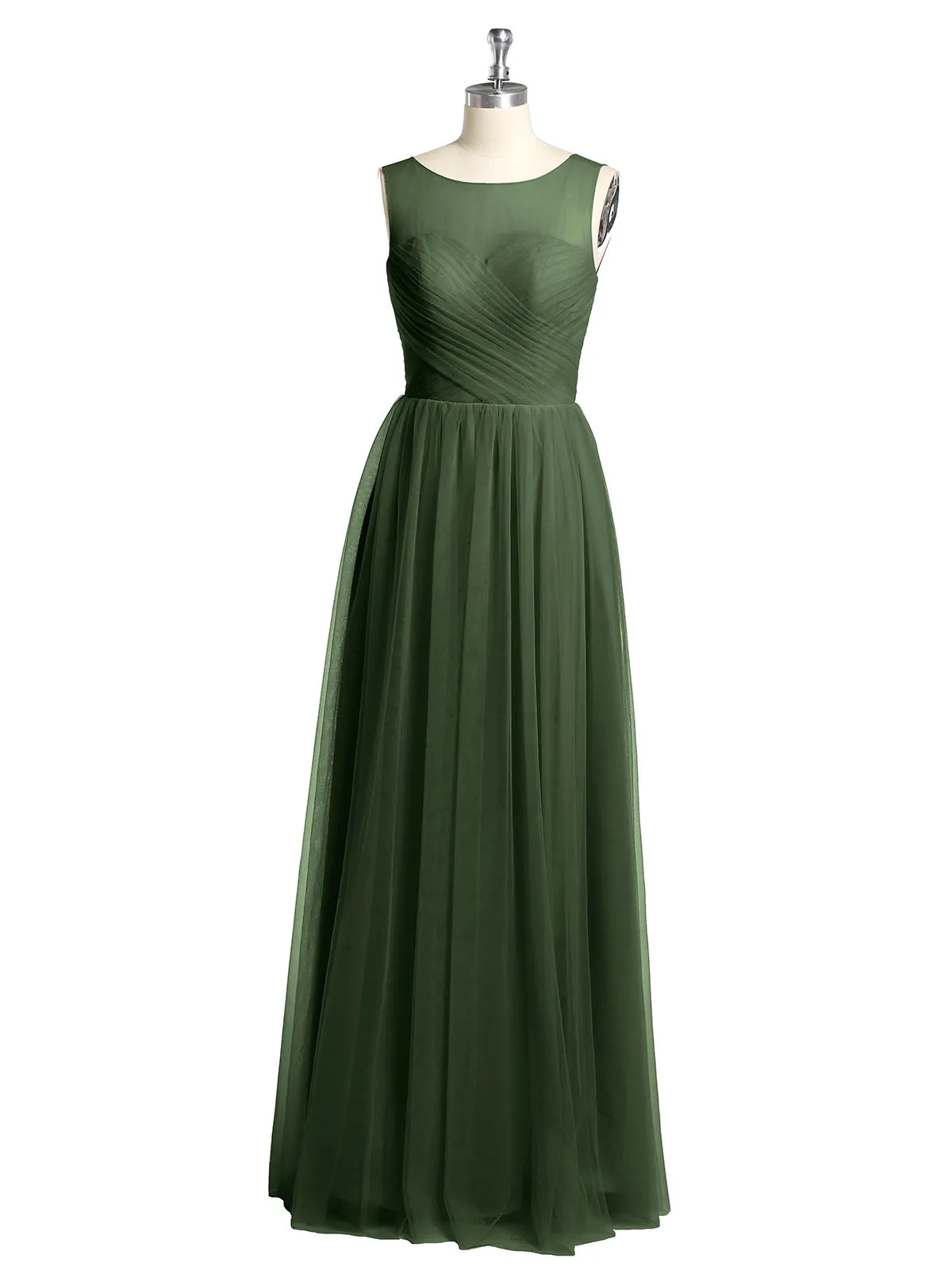 Illusion Neck Cross Tulle Bridesmaid Dresses-Olive Green Plus Size