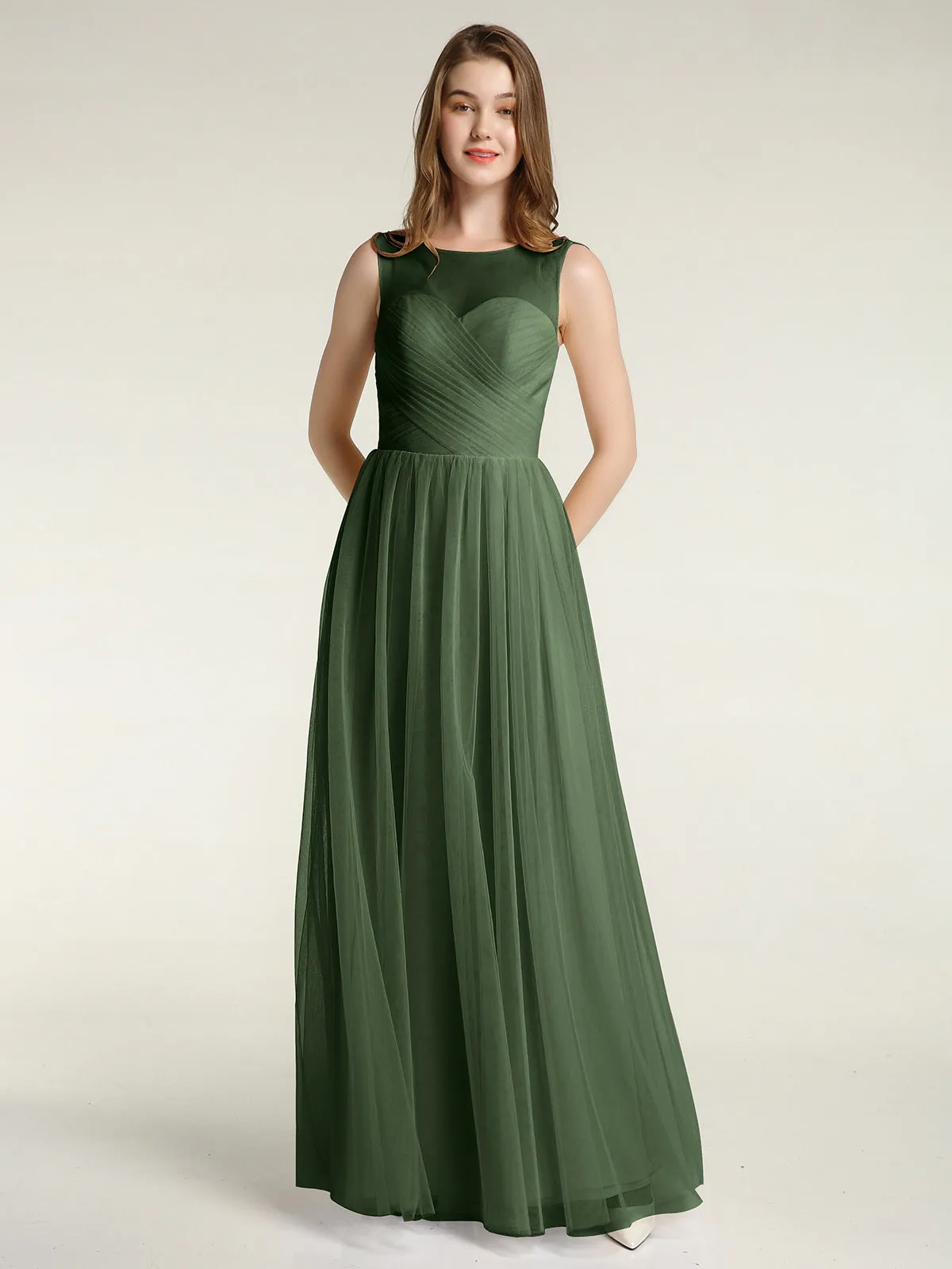 Illusion Neck Cross Tulle Bridesmaid Dresses-Olive Green Plus Size