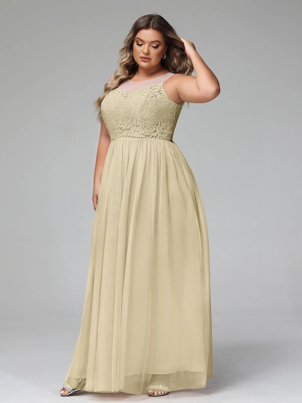 Illusion Neckline Lace and Tulle Maxi Dress-Champagne Plus Size