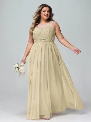 Illusion Neckline Lace and Tulle Maxi Dress-Champagne Plus Size