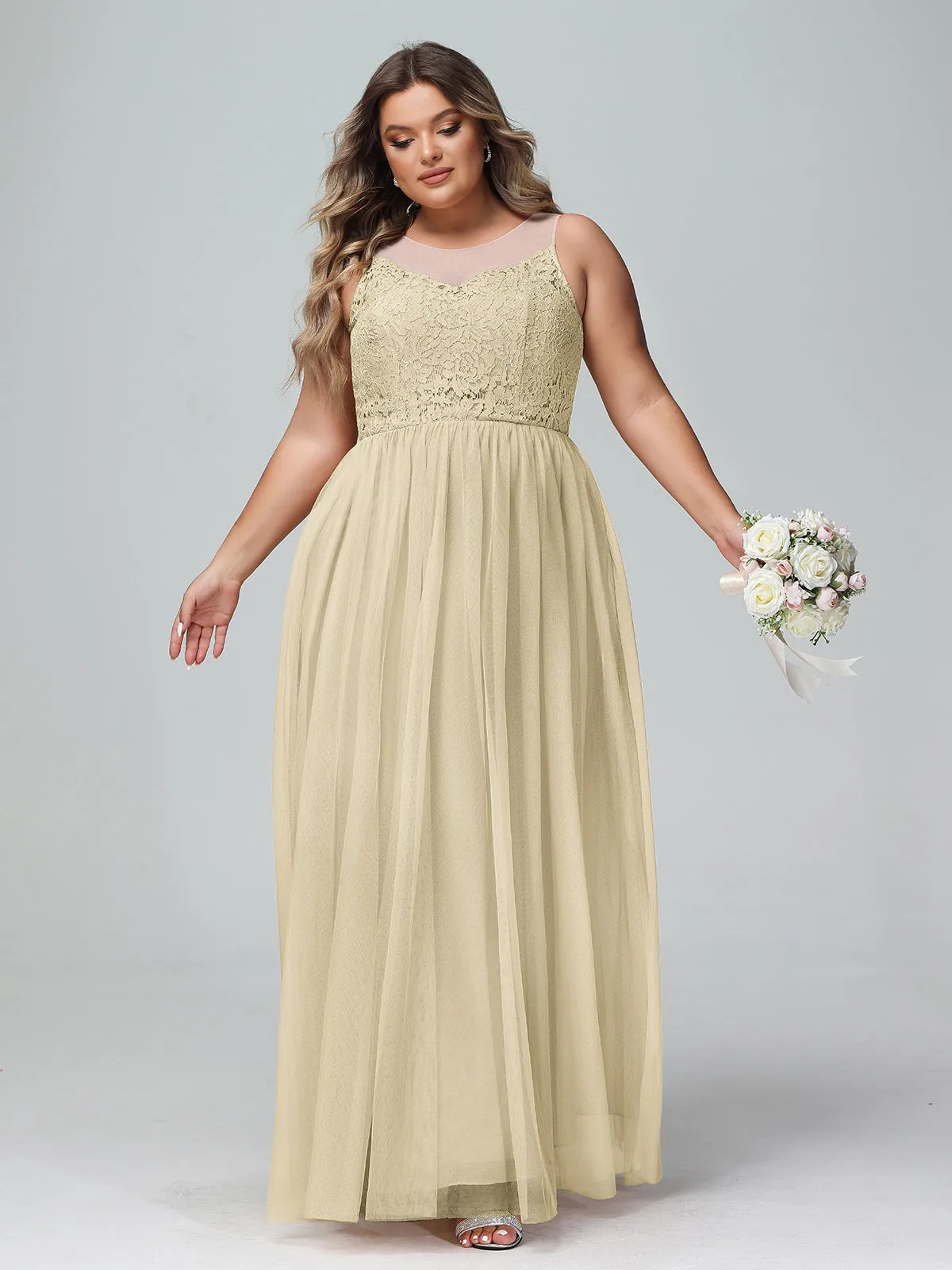 Illusion Neckline Lace and Tulle Maxi Dress-Champagne Plus Size