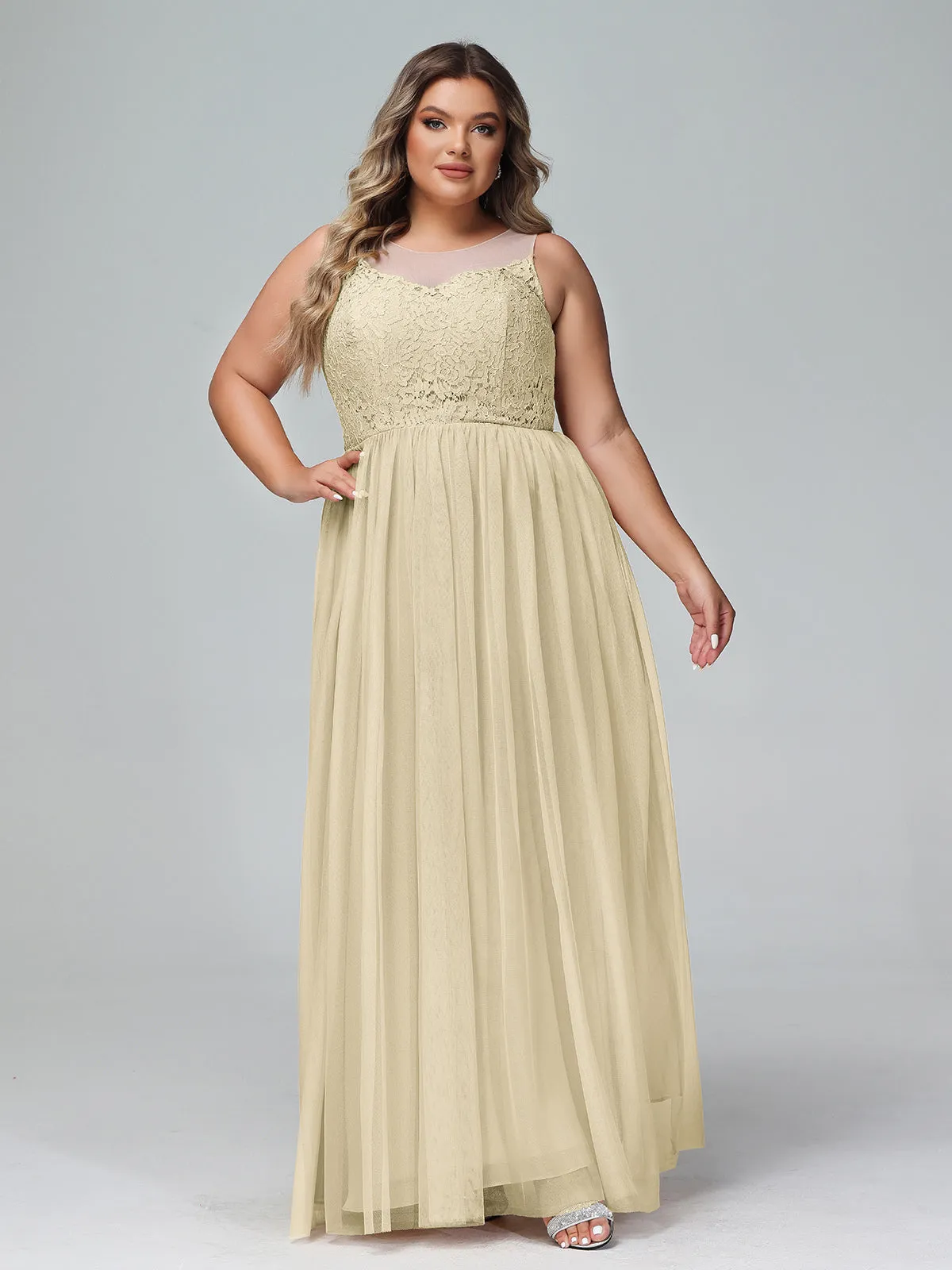 Illusion Neckline Lace and Tulle Maxi Dress-Champagne Plus Size