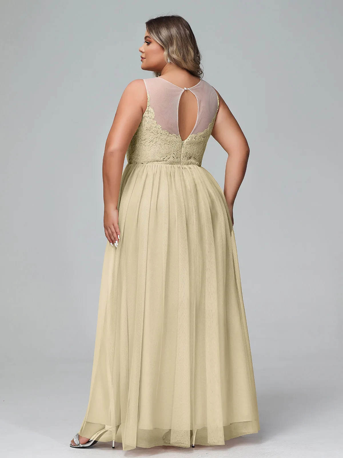 Illusion Neckline Lace and Tulle Maxi Dress-Champagne Plus Size