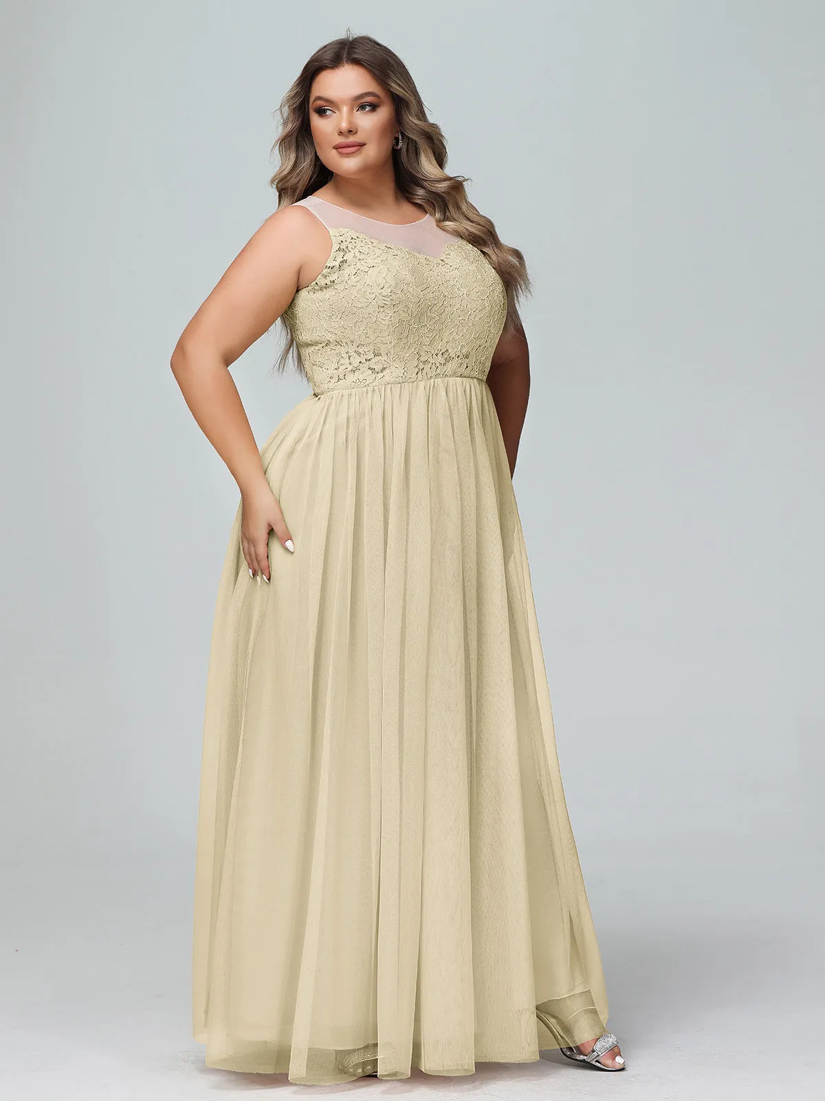 Illusion Neckline Lace and Tulle Maxi Dress-Champagne Plus Size