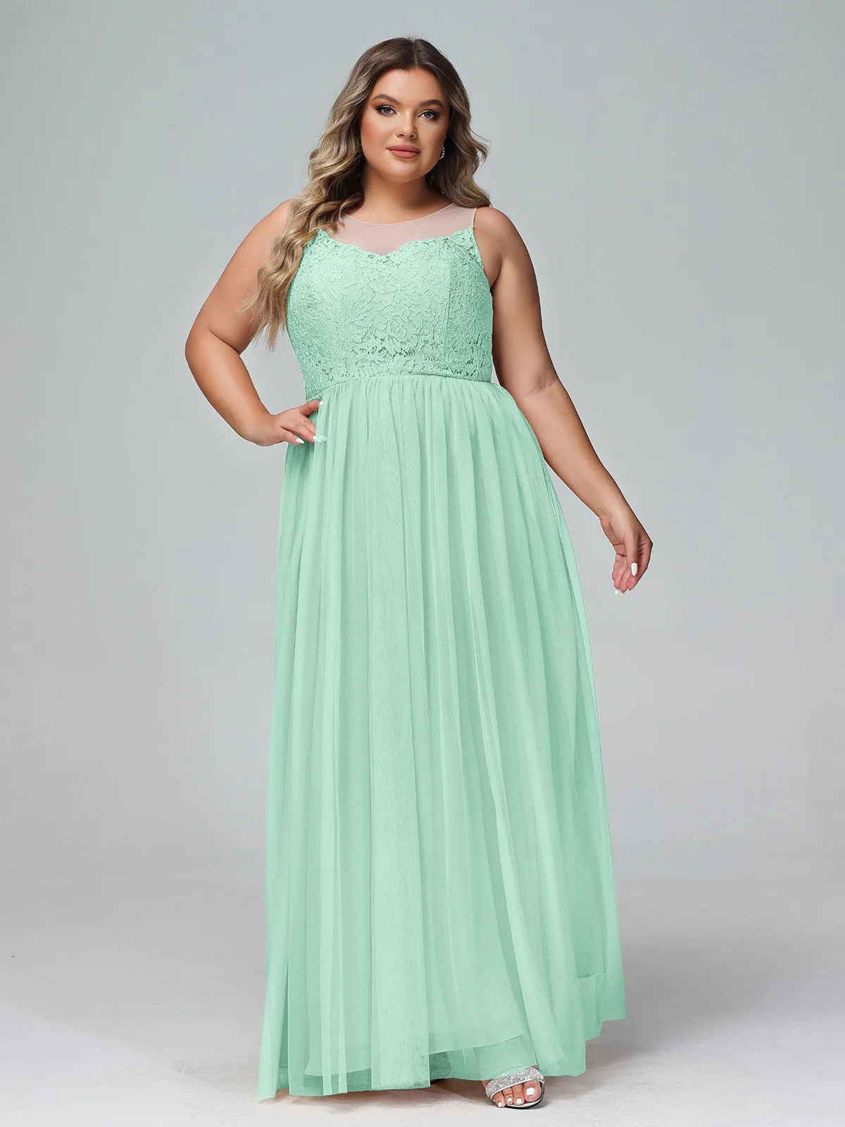 Illusion Neckline Lace and Tulle Maxi Dress-Mint Green Plus Size