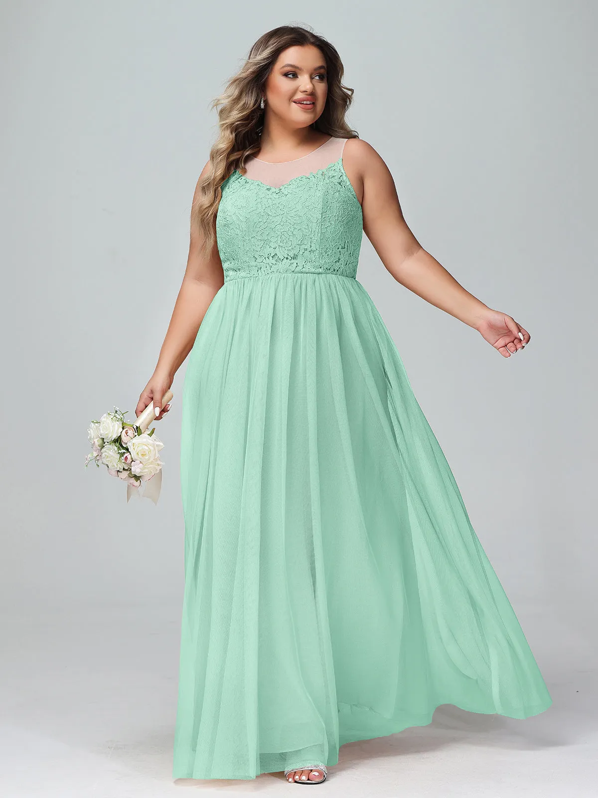 Illusion Neckline Lace and Tulle Maxi Dress-Mint Green Plus Size