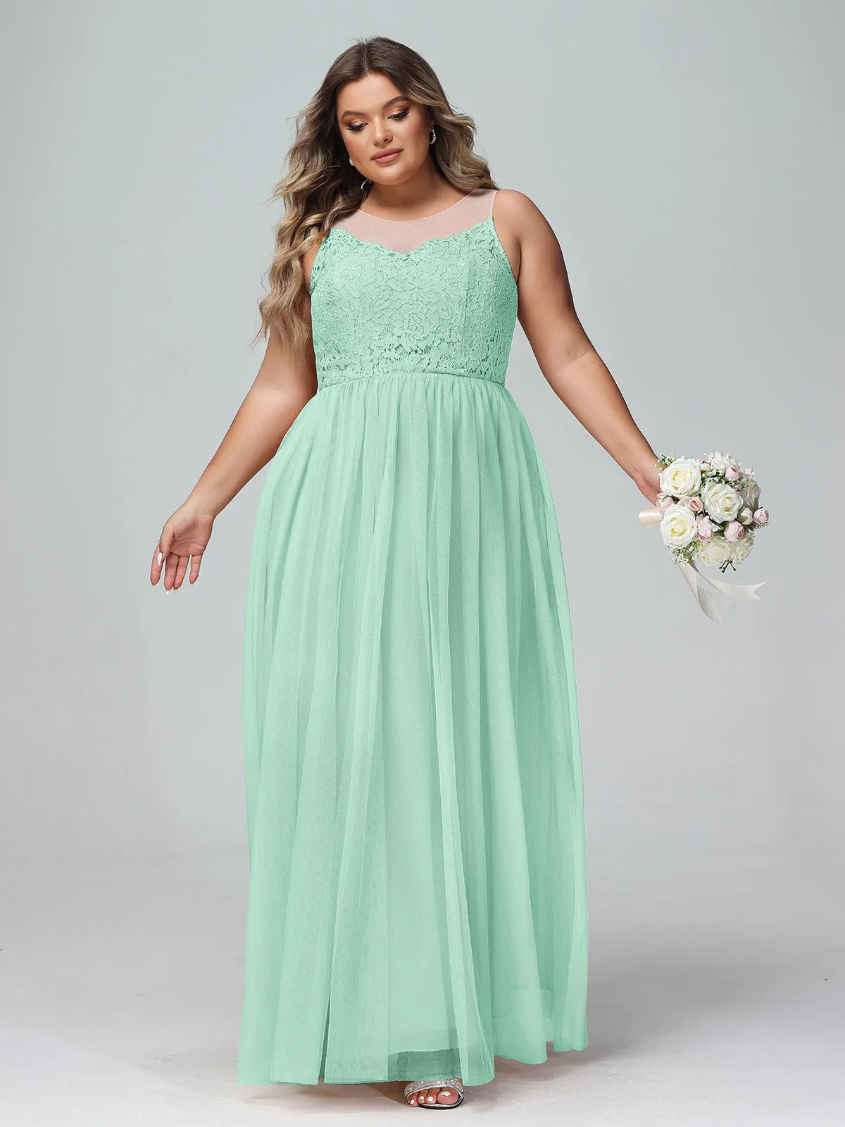 Illusion Neckline Lace and Tulle Maxi Dress-Mint Green Plus Size