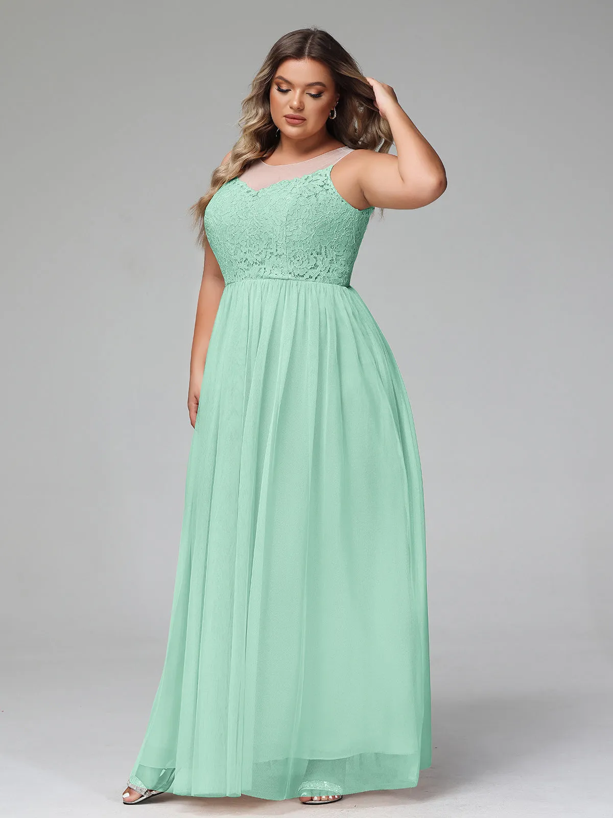 Illusion Neckline Lace and Tulle Maxi Dress-Mint Green Plus Size