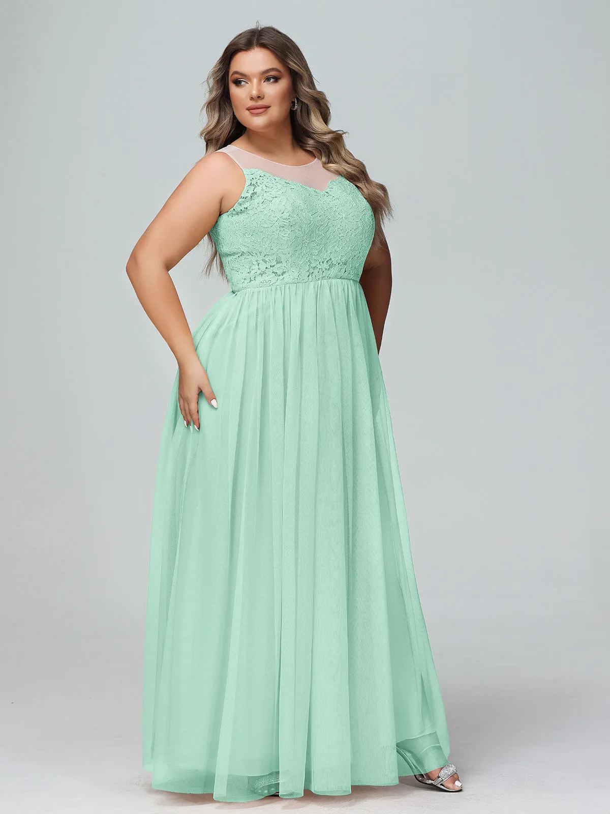 Illusion Neckline Lace and Tulle Maxi Dress-Mint Green Plus Size