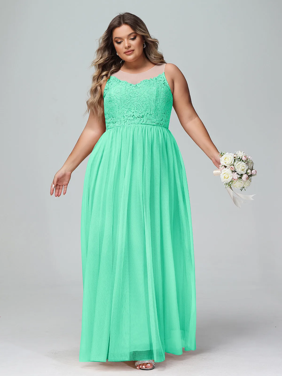 Illusion Neckline Lace and Tulle Maxi Dress-Turquoise Plus Size