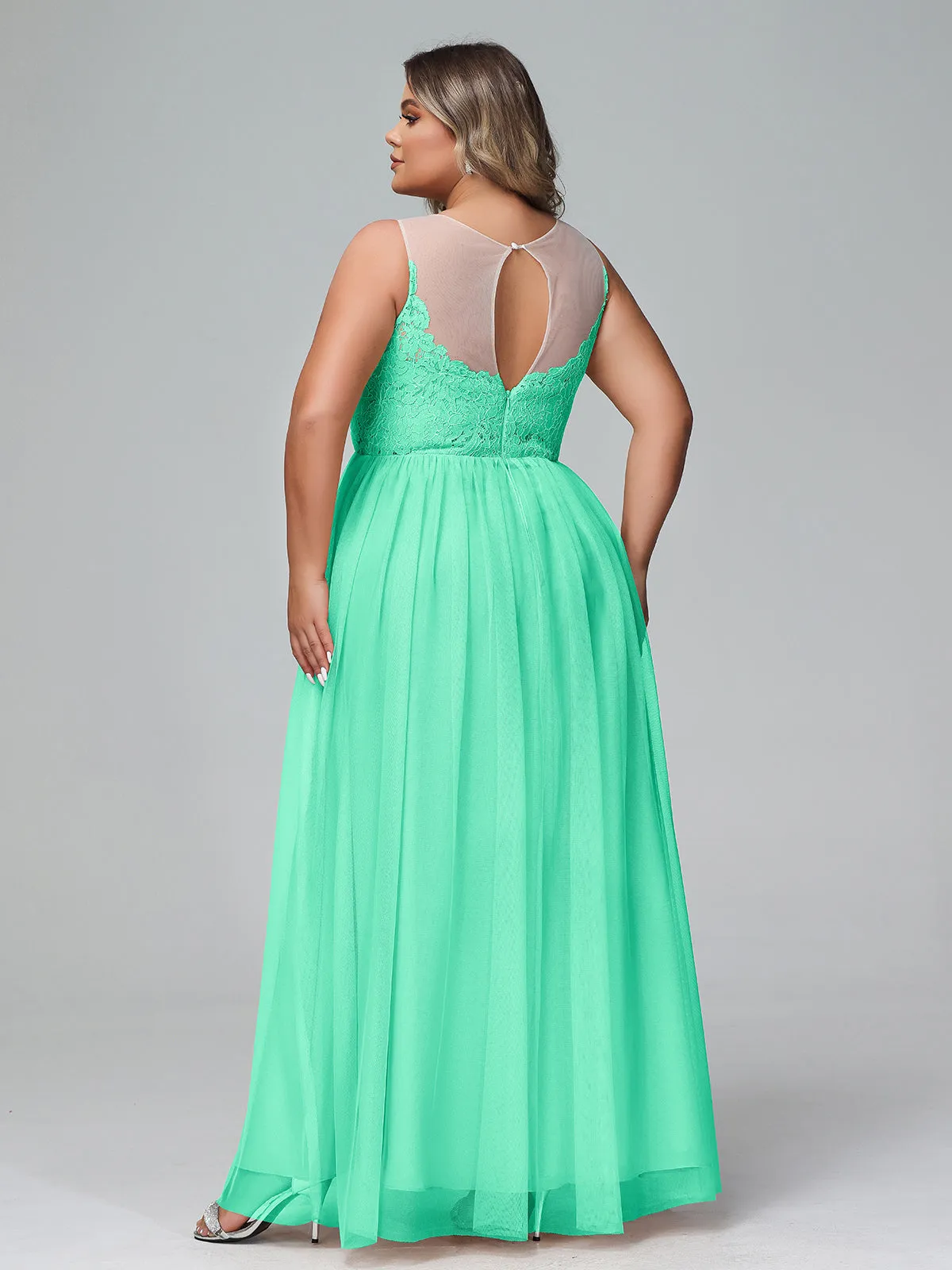 Illusion Neckline Lace and Tulle Maxi Dress-Turquoise Plus Size