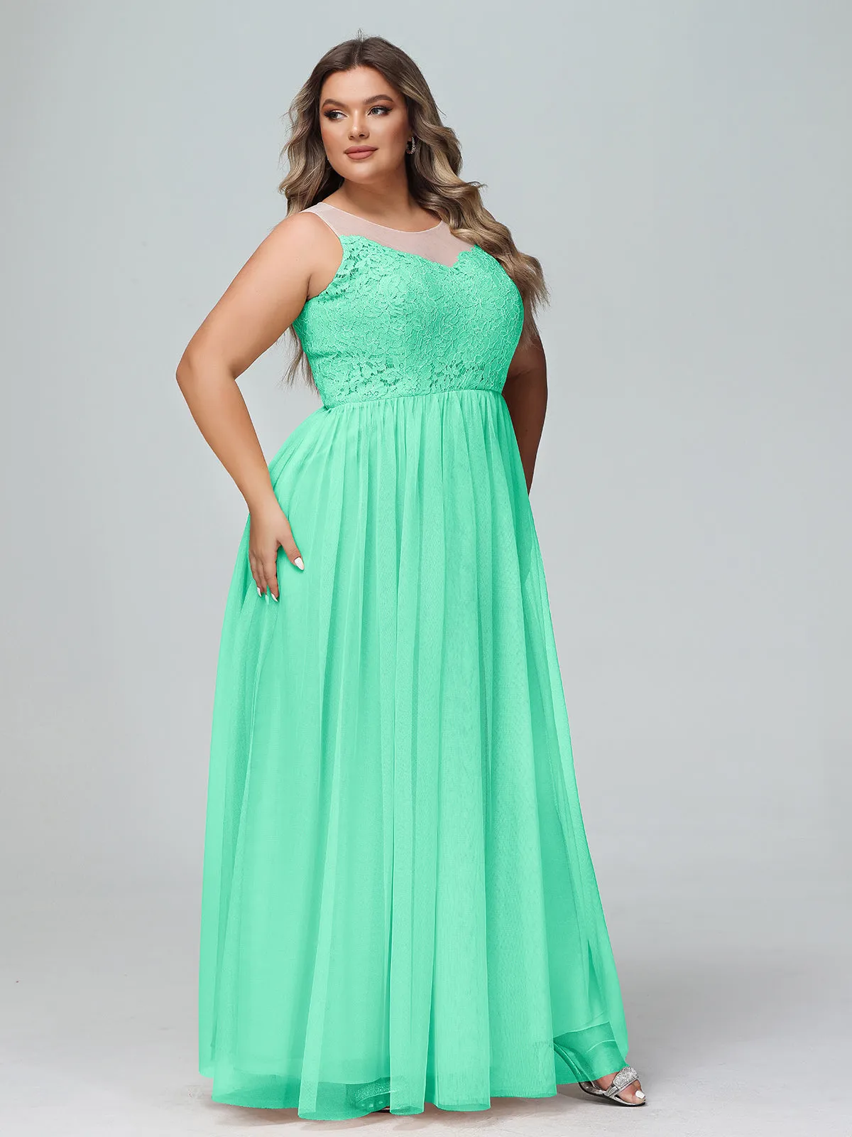 Illusion Neckline Lace and Tulle Maxi Dress-Turquoise Plus Size