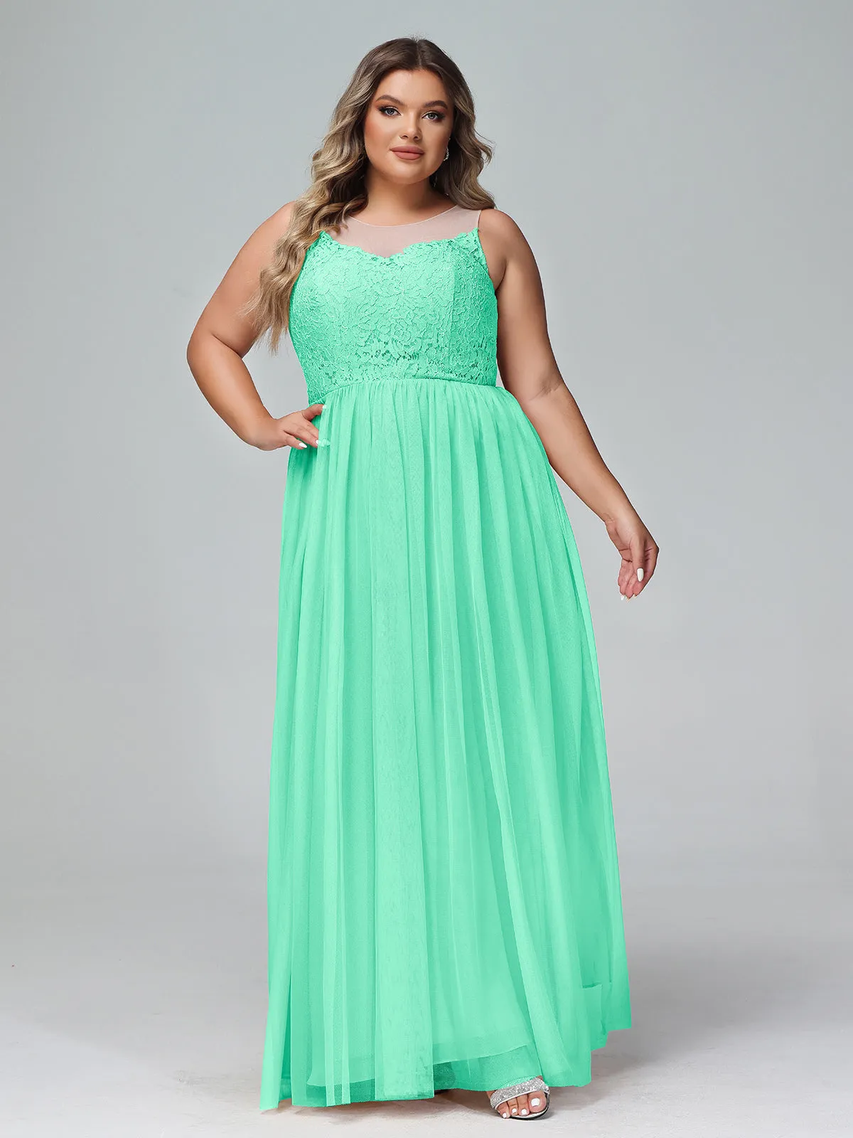 Illusion Neckline Lace and Tulle Maxi Dress-Turquoise Plus Size