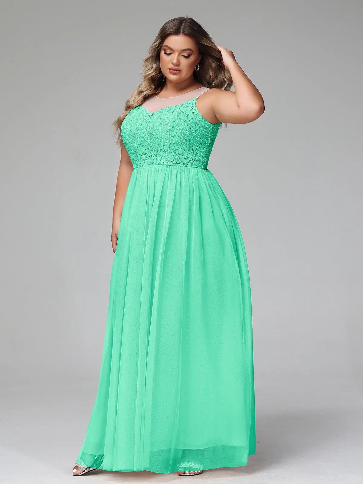 Illusion Neckline Lace and Tulle Maxi Dress-Turquoise Plus Size