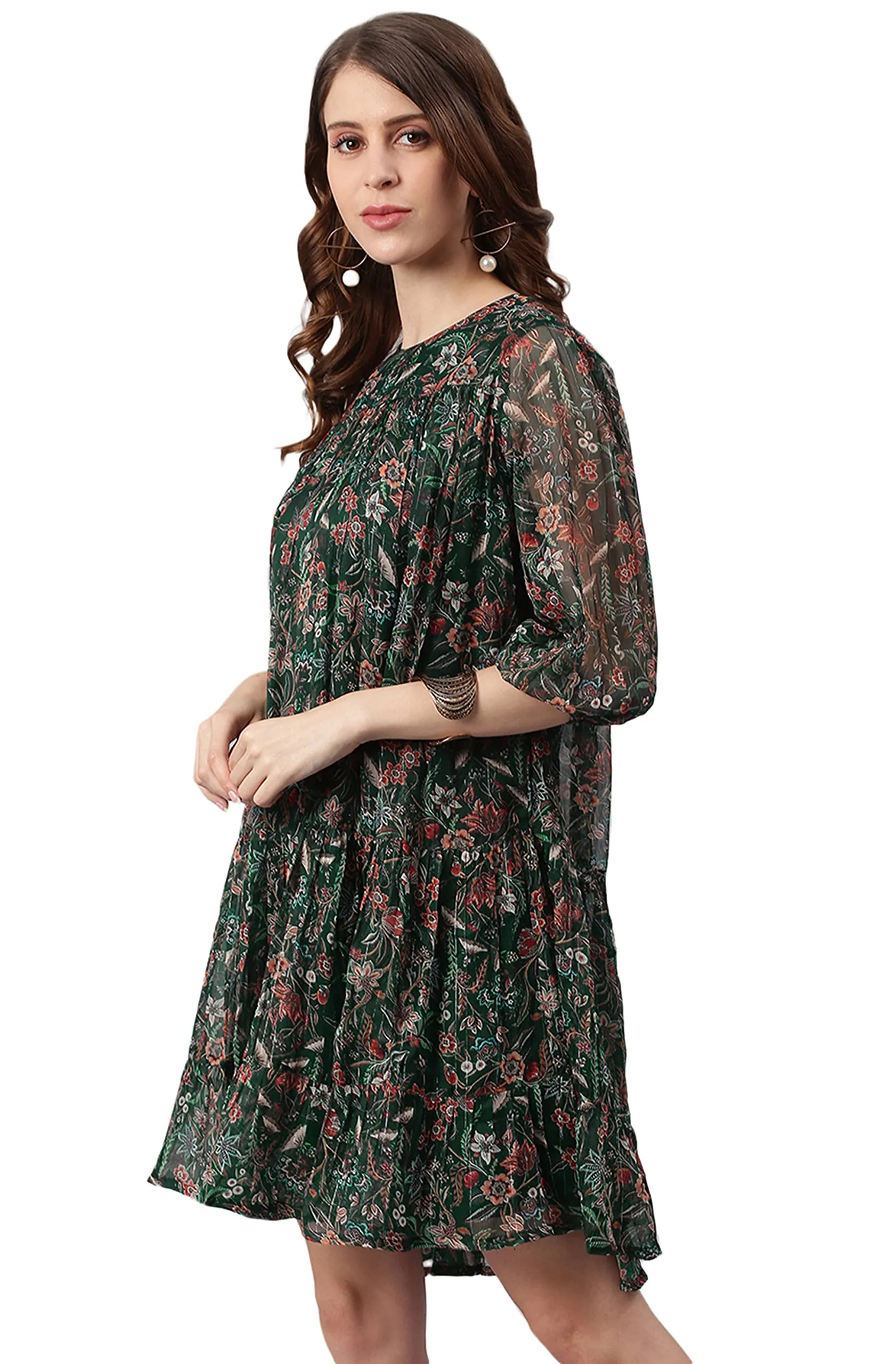 Janasya Women's Green Poly Georgette Floral Flared Western Dress(J0339-DR-L)