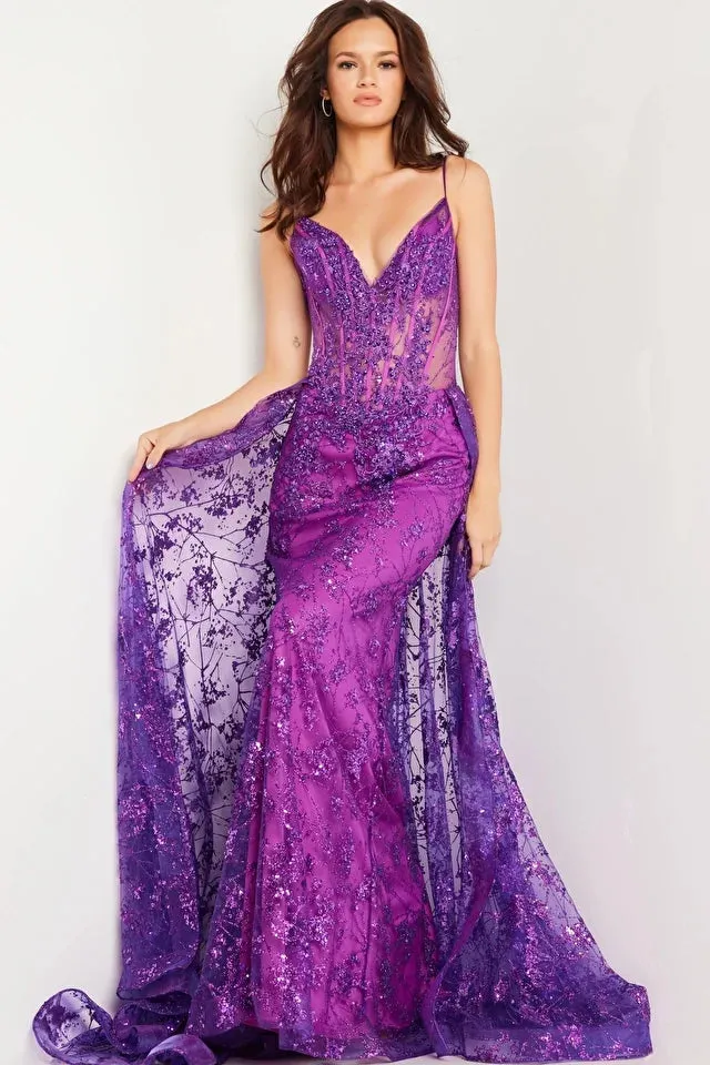 Jovani 23530 Size 4 Amethyst Long Prom Dress Fitted Corset Beaded Bodice Sequin Long Over Skirt Formal Pageant Gown