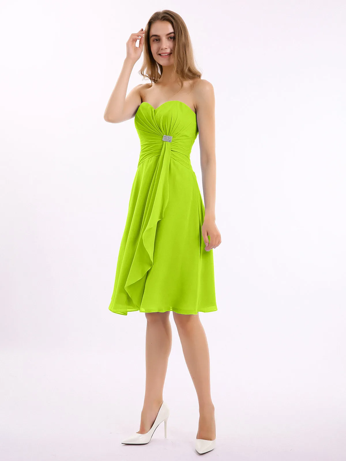 Knee Length Chiffon Dress with Sweetheart Neck-Lime Green Plus Size