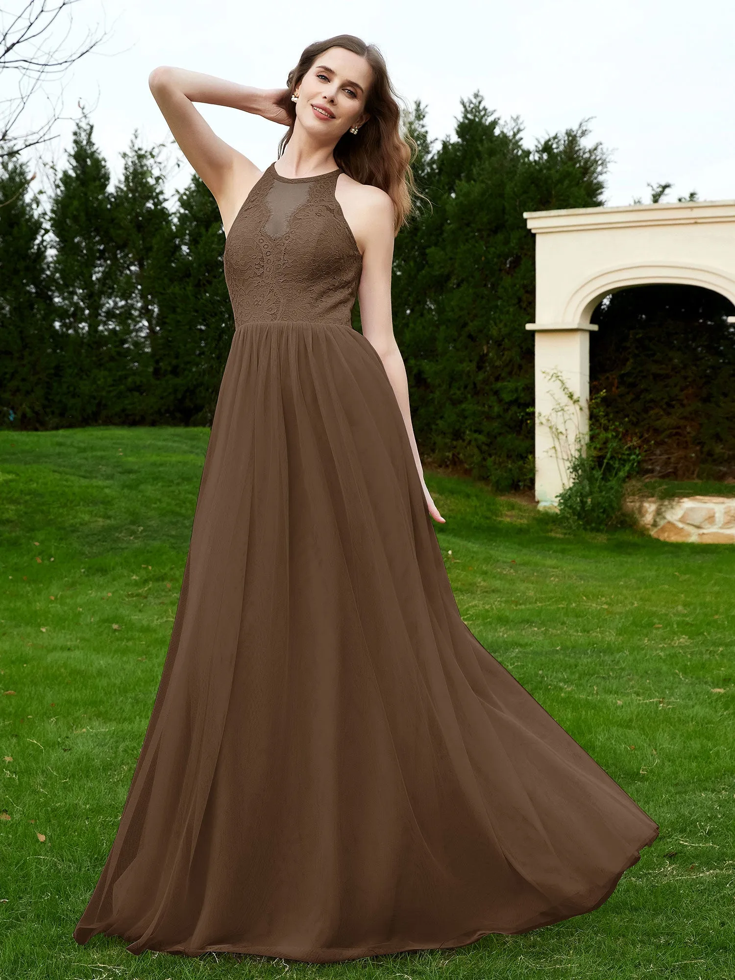 Lace Tulle Bridesmaid Gown Halter Neckline Brown Plus Size