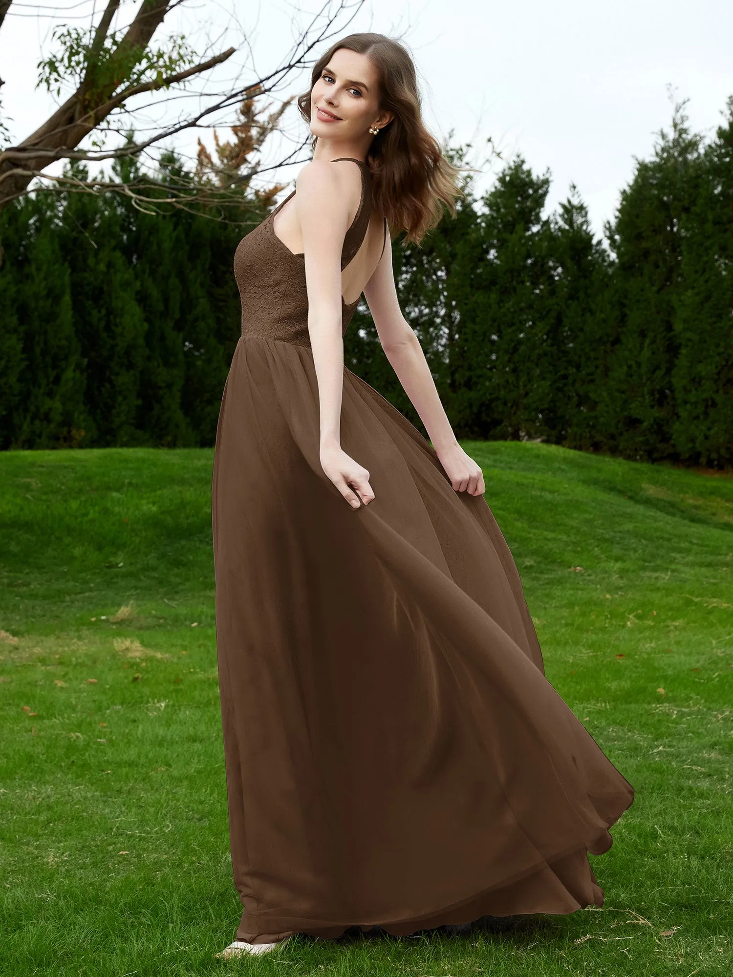 Lace Tulle Bridesmaid Gown Halter Neckline Brown Plus Size