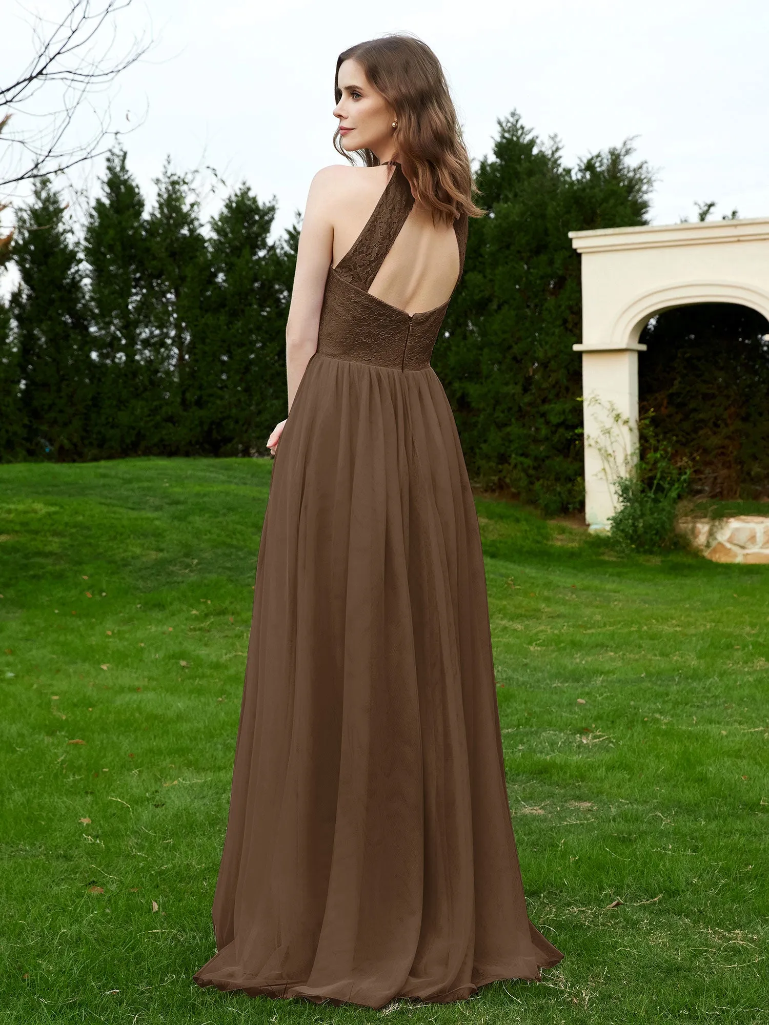 Lace Tulle Bridesmaid Gown Halter Neckline Brown Plus Size