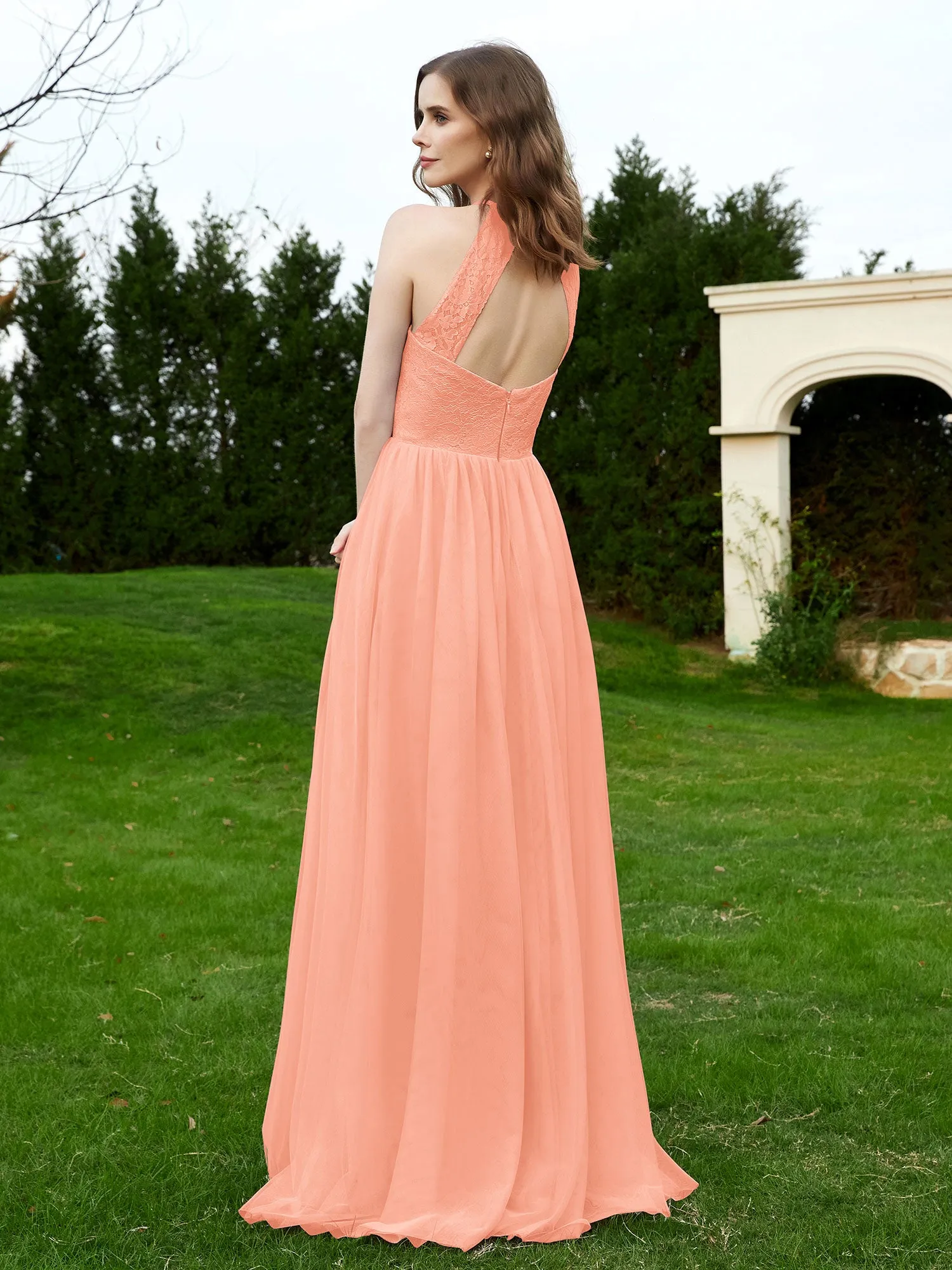 Lace Tulle Bridesmaid Gown Halter Neckline Coral