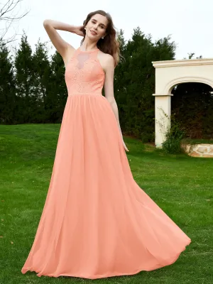 Lace Tulle Bridesmaid Gown Halter Neckline Coral