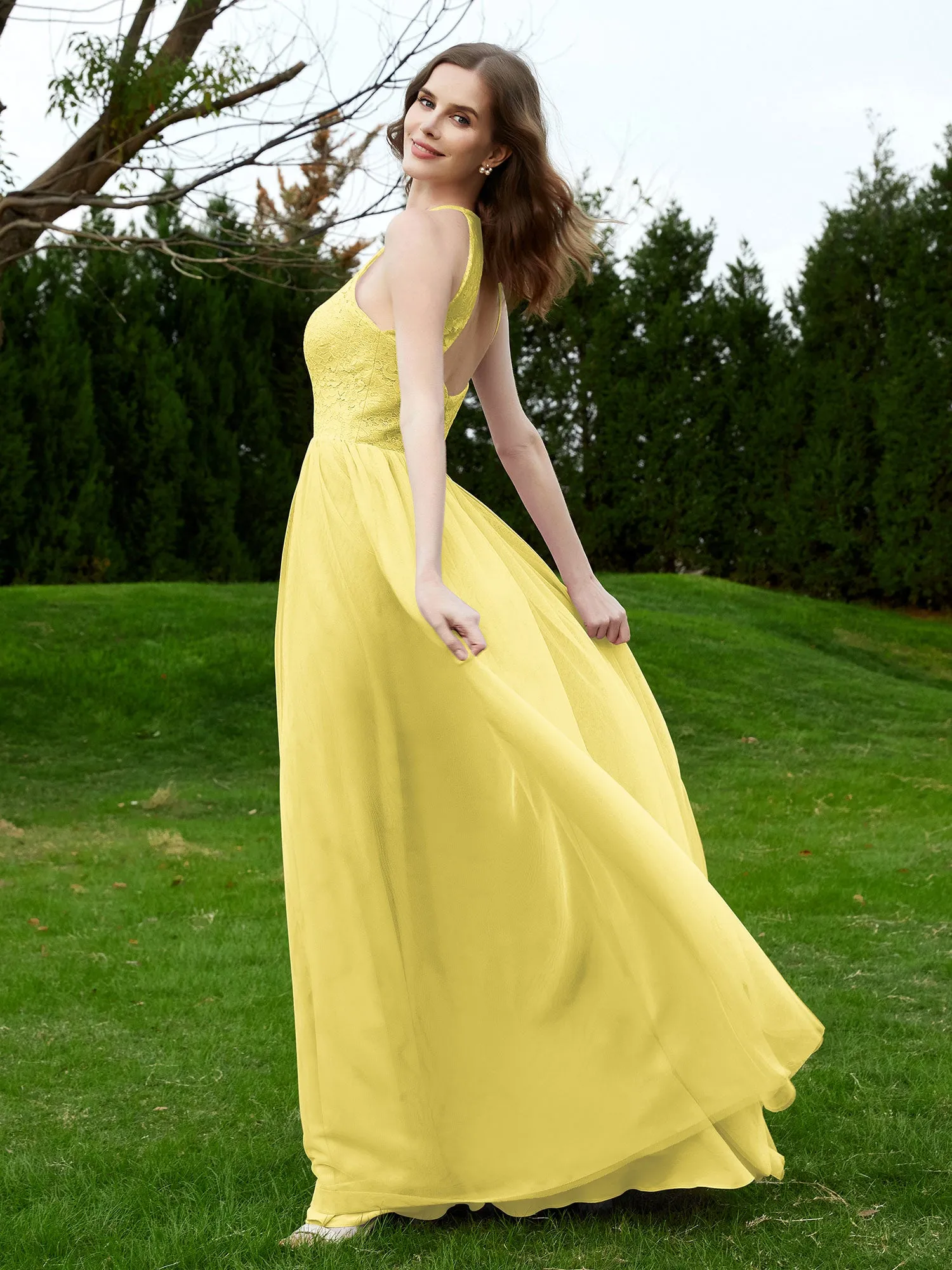 Lace Tulle Bridesmaid Gown Halter Neckline Daffodil Plus Size