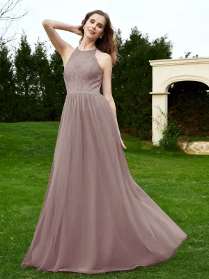 Lace Tulle Bridesmaid Gown Halter Neckline Dusk