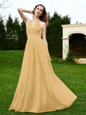 Lace Tulle Bridesmaid Gown Halter Neckline Gold