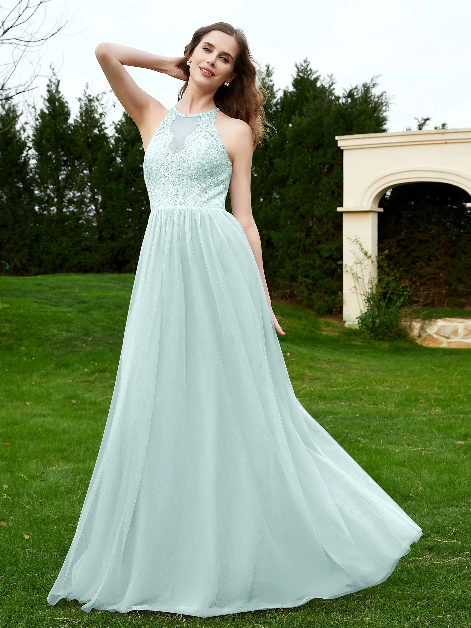 Lace Tulle Bridesmaid Gown Halter Neckline Mist Plus Size