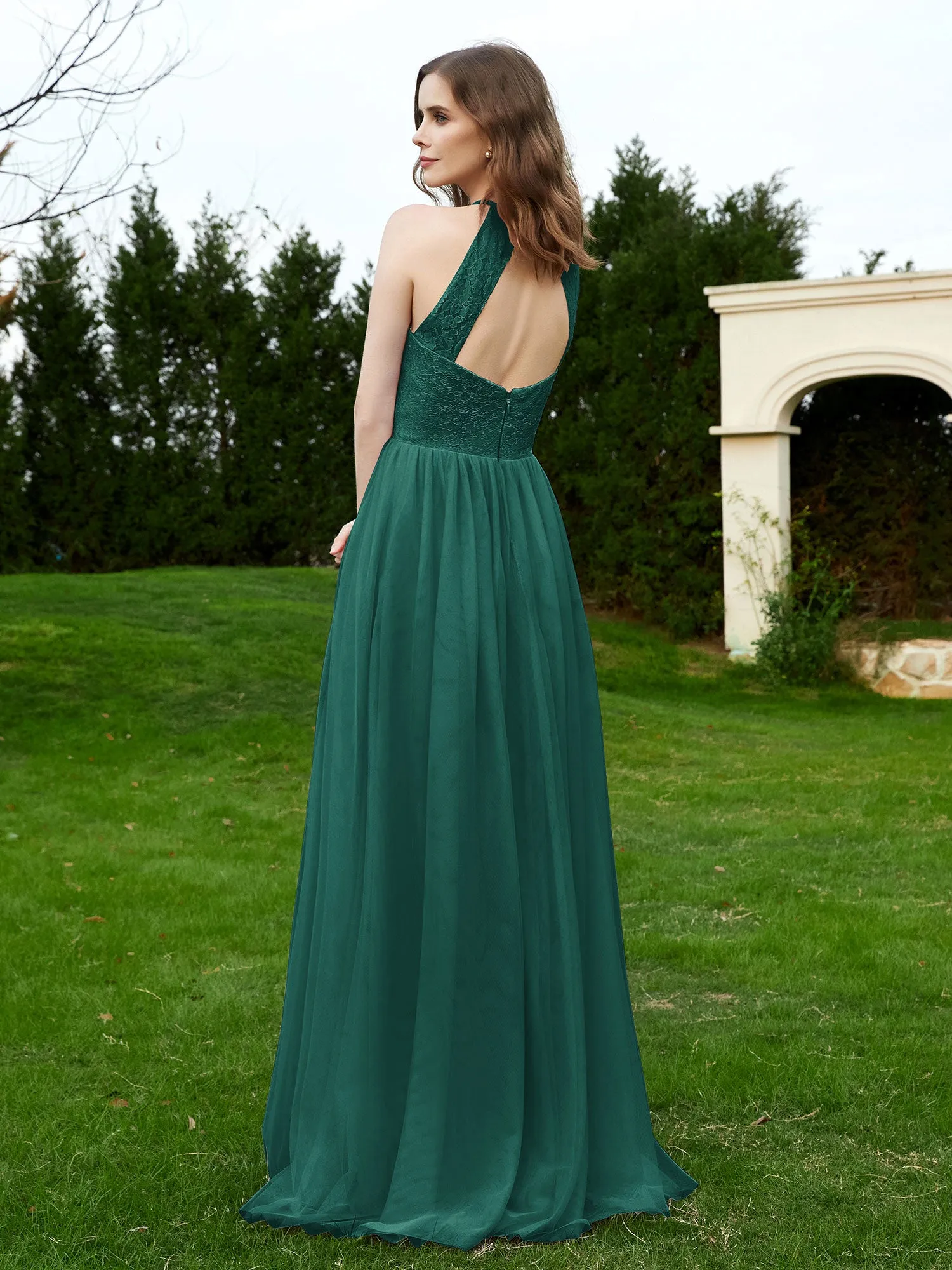 Lace Tulle Bridesmaid Gown Halter Neckline Peacock Plus Size