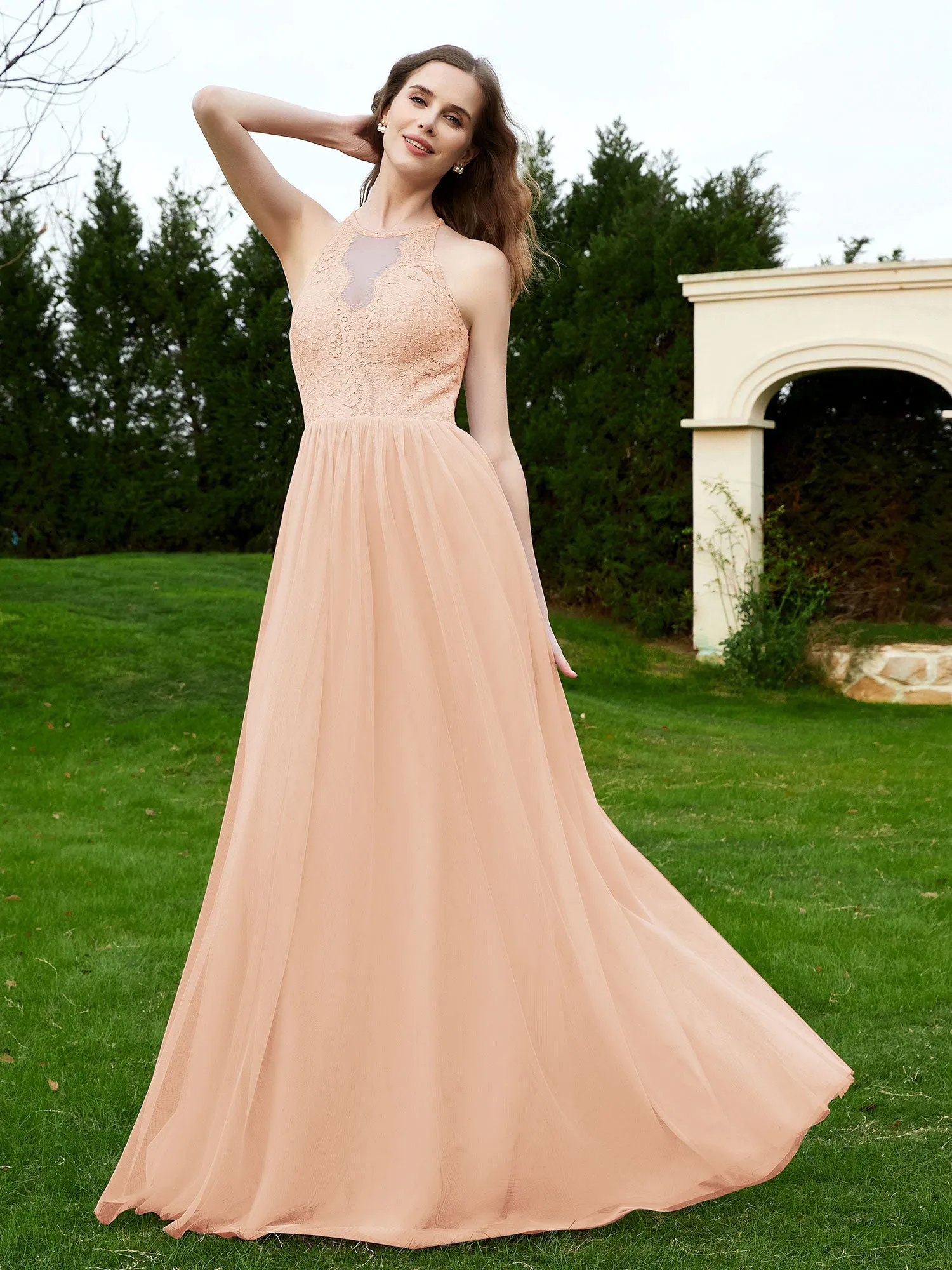 Lace Tulle Bridesmaid Gown Halter Neckline Pearl Pink Plus Size