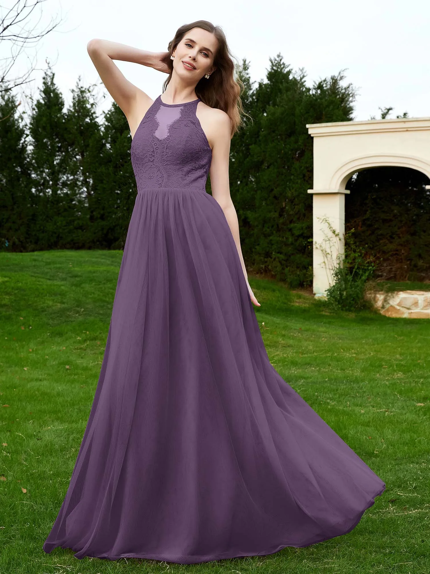 Lace Tulle Bridesmaid Gown Halter Neckline Plum Plus Size