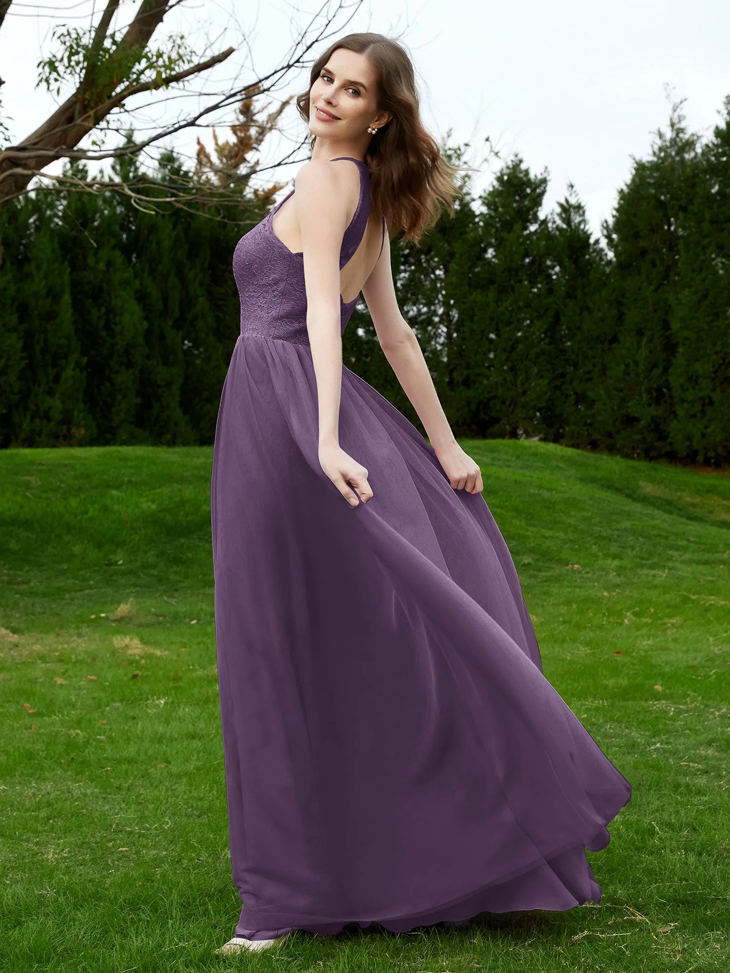 Lace Tulle Bridesmaid Gown Halter Neckline Plum Plus Size