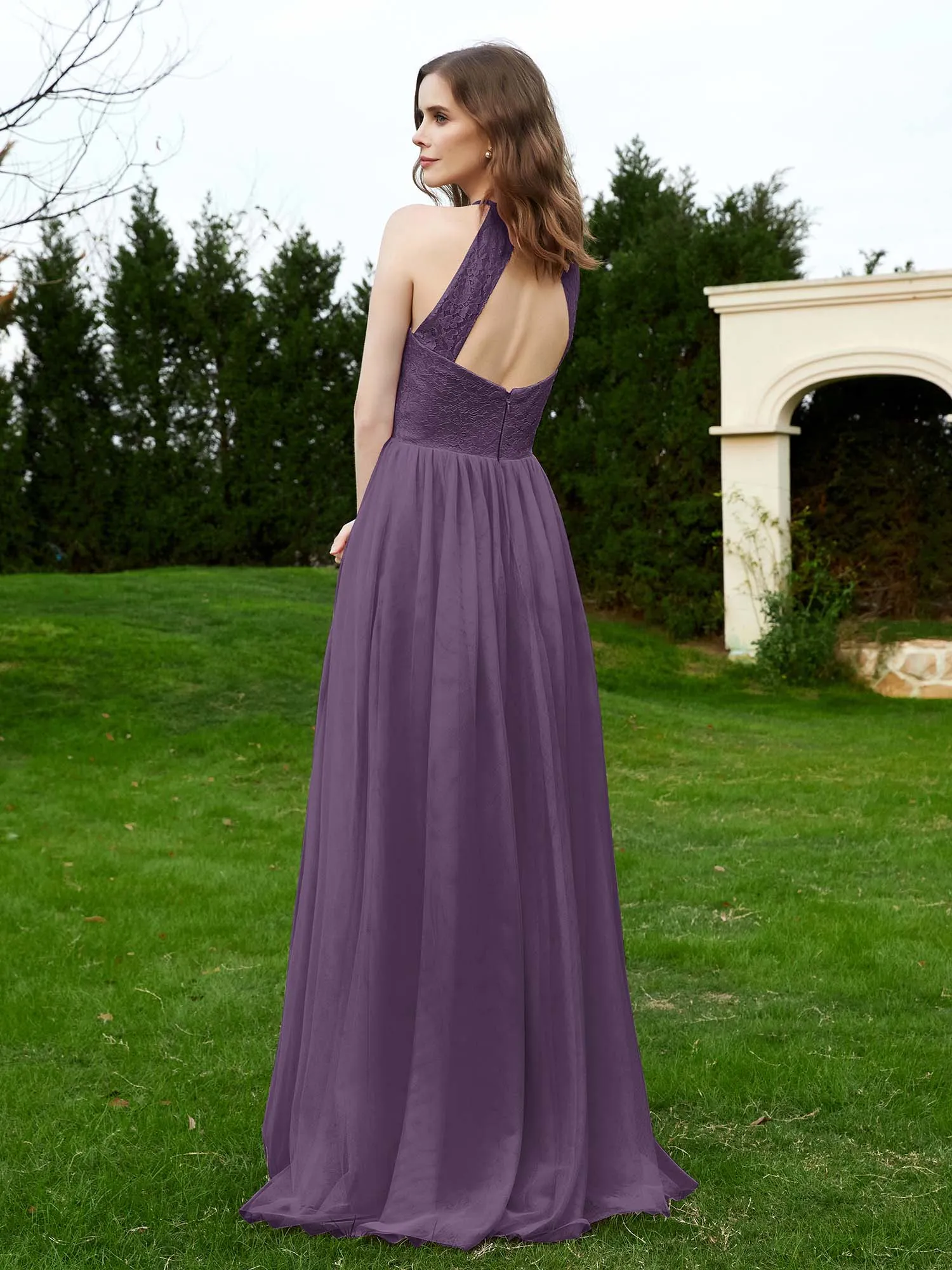 Lace Tulle Bridesmaid Gown Halter Neckline Plum Plus Size