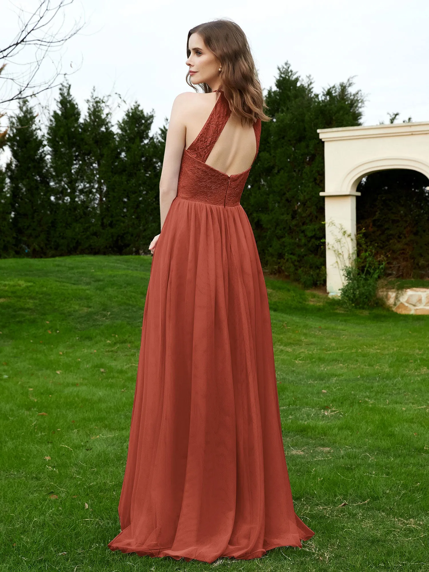 Lace Tulle Bridesmaid Gown Halter Neckline Rust Plus Size