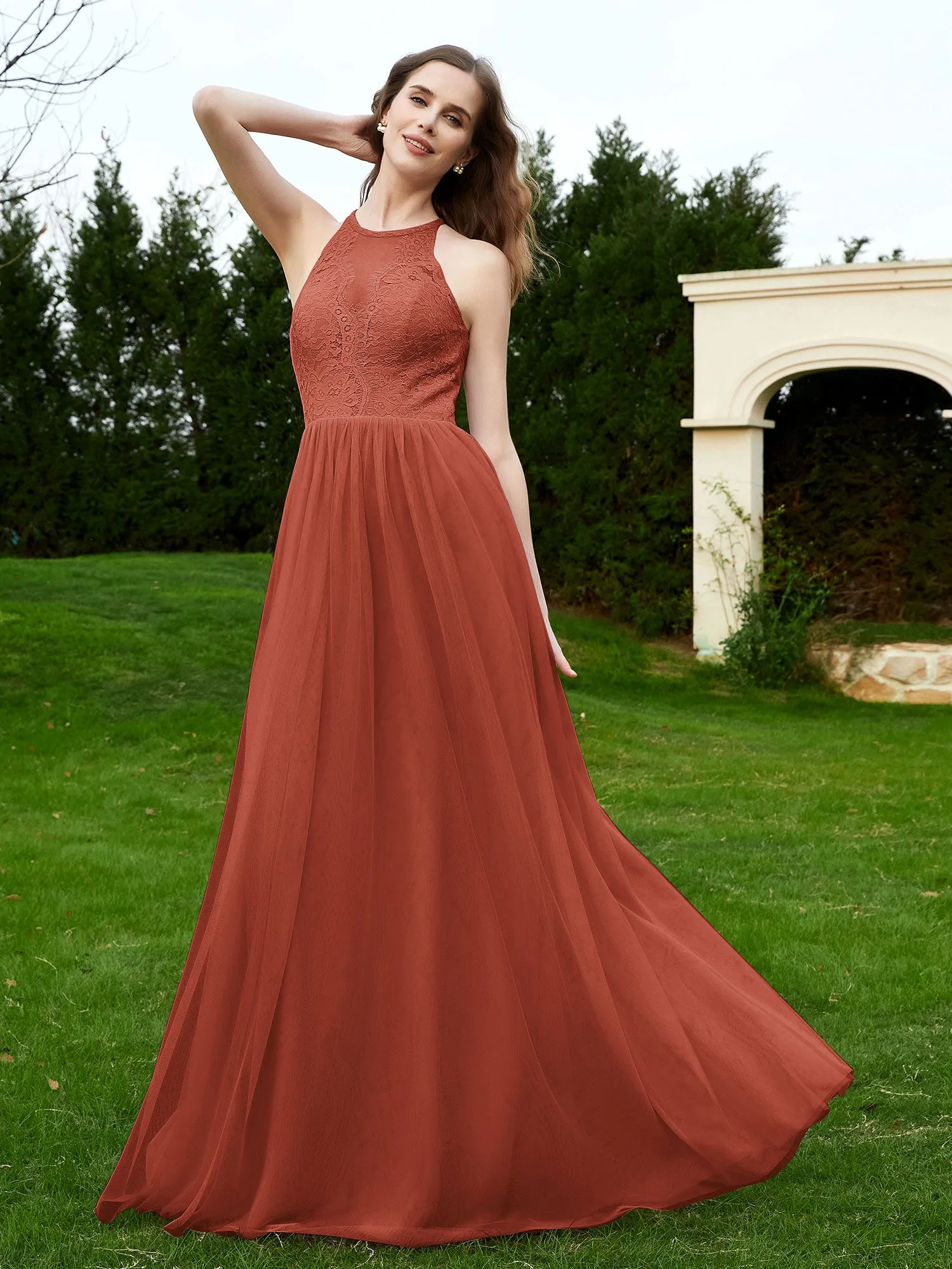 Lace Tulle Bridesmaid Gown Halter Neckline Rust Plus Size